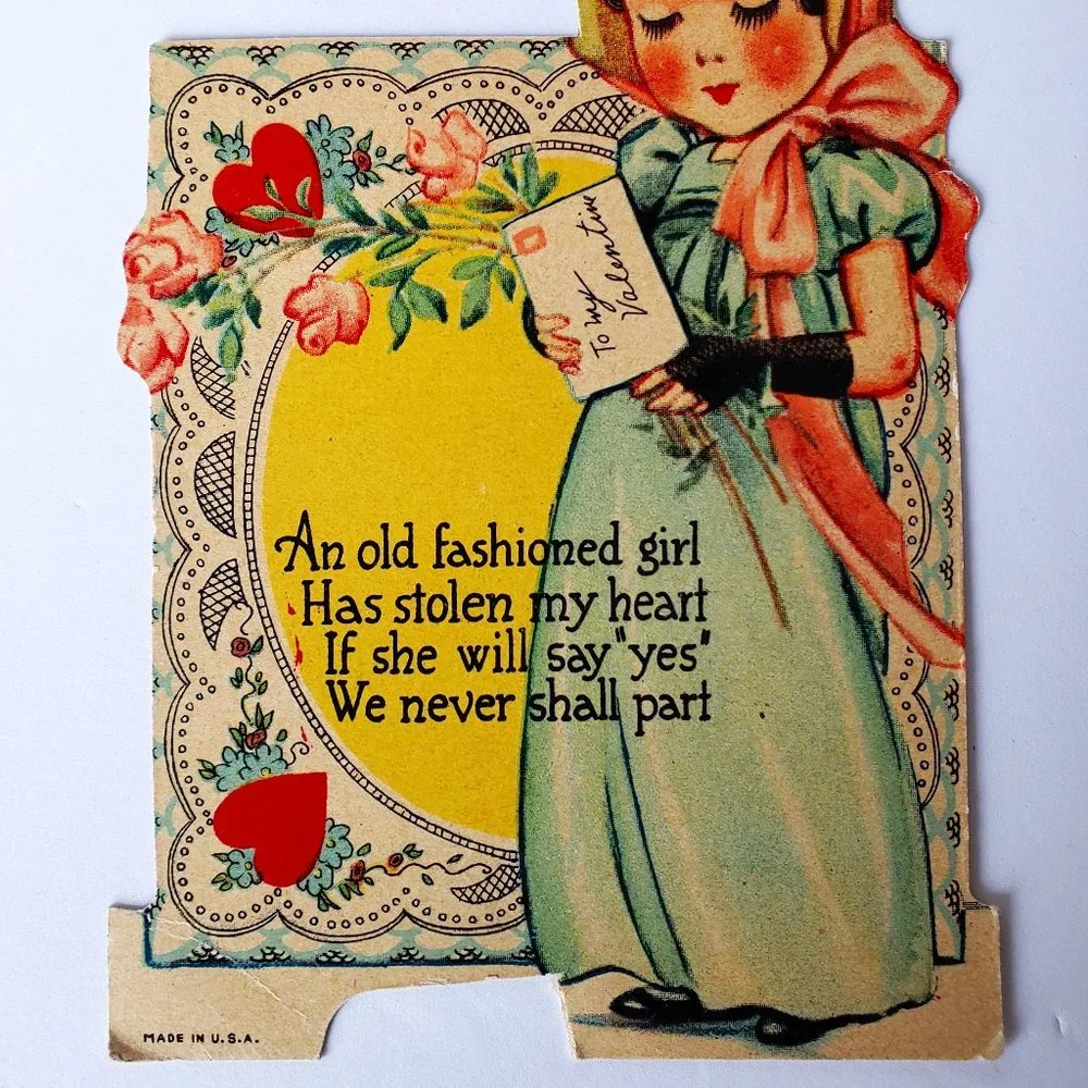 Victorian Style Lace Pink Bonnet Girl Heavy Paper Valentine's Day Card